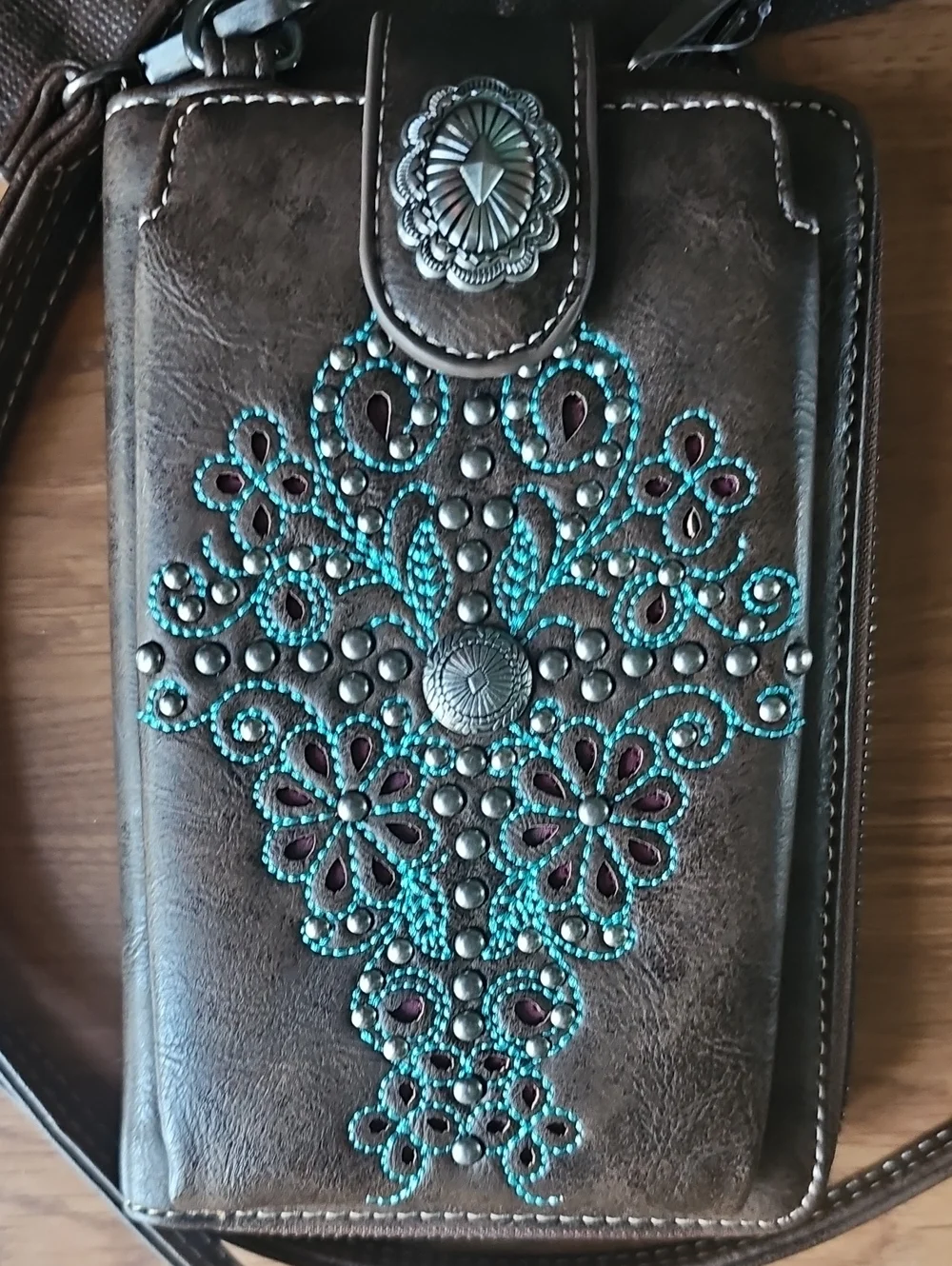 Montana West Zippered Floral Turquoise Embroidered Phone Crossbody Brown Wallet